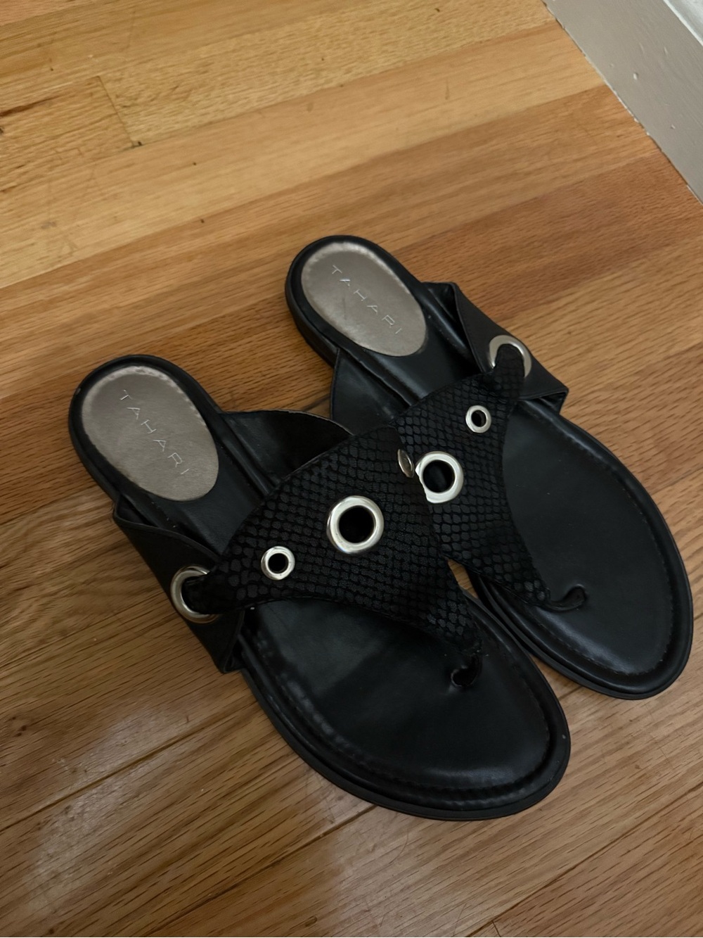Tahari Black Grommet Thong Sandals